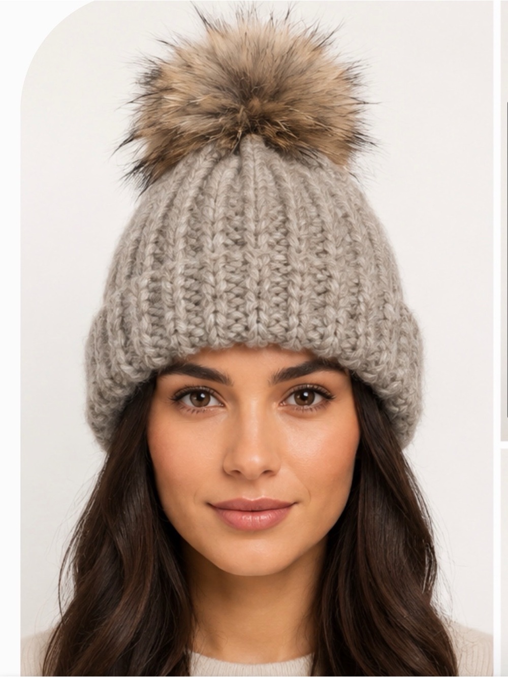 Handmade Chunky Knit Wool Beanie Hat w/ Real Fur Pom Pom | Taupe One Size